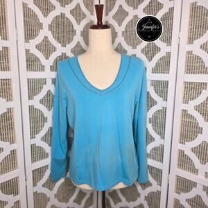 Liz Claiborne Turquoise Studded V Neck Long Sleeve Knit Top Size Large